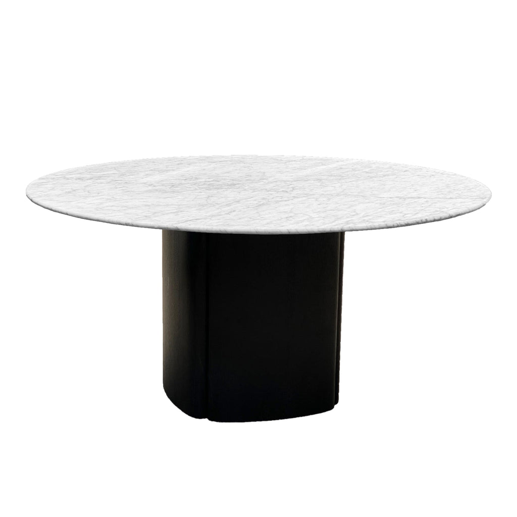 Table à manger ronde de luxe en marbre et chêne avec piédestal sculptural pour salle à manger