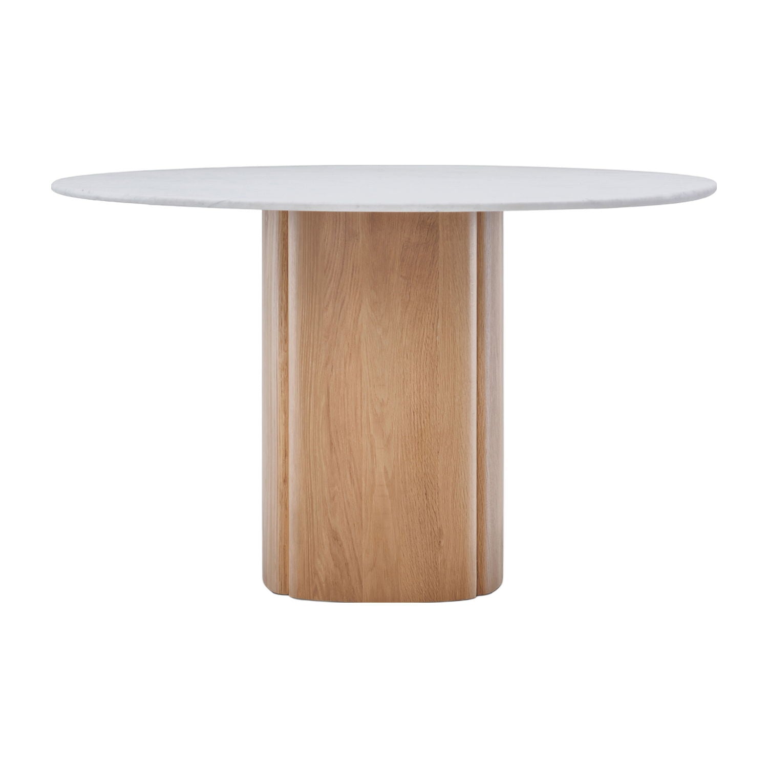 Table à manger ronde de luxe en marbre et chêne avec piédestal sculptural pour salle à manger