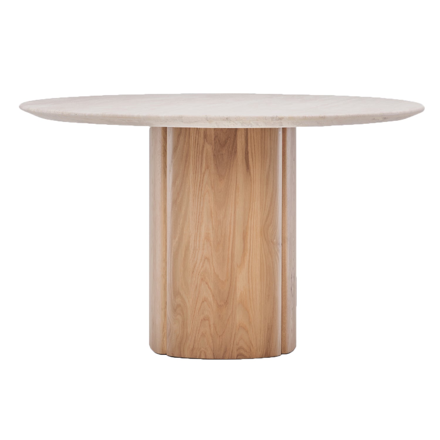 Table à manger sculpturale en travertin et chêne avec pied central en forme de tronc d'arbre pour salle à manger
