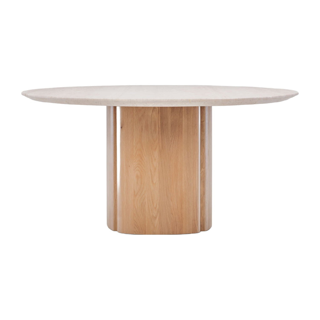 Table à manger sculpturale en travertin et chêne avec pied central en forme de tronc d'arbre pour salle à manger