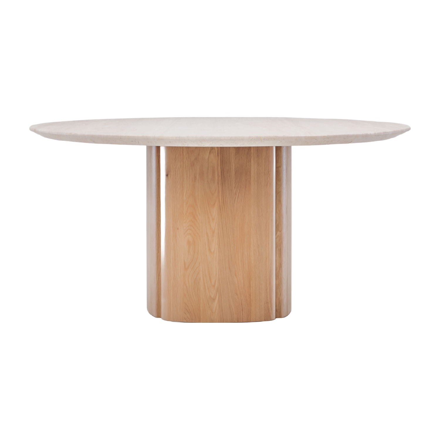 Table à manger sculpturale en travertin et chêne avec pied central en forme de tronc d'arbre pour salle à manger