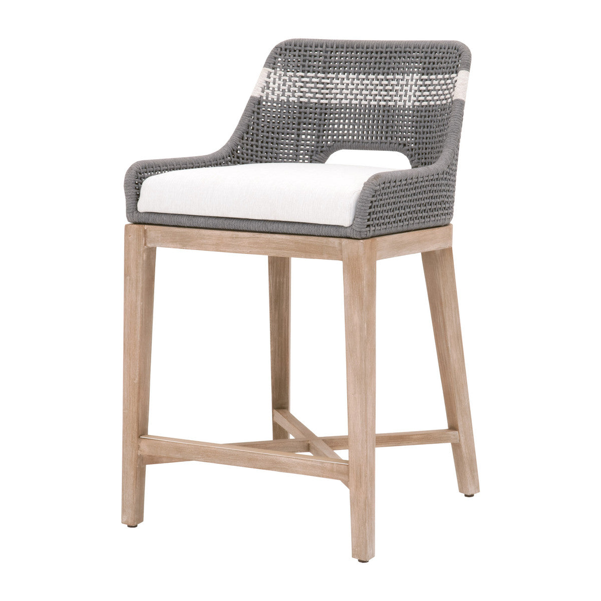 Tabouret de comptoir en corde tressée et bois avec assise coussinée pour cuisine et salle à manger