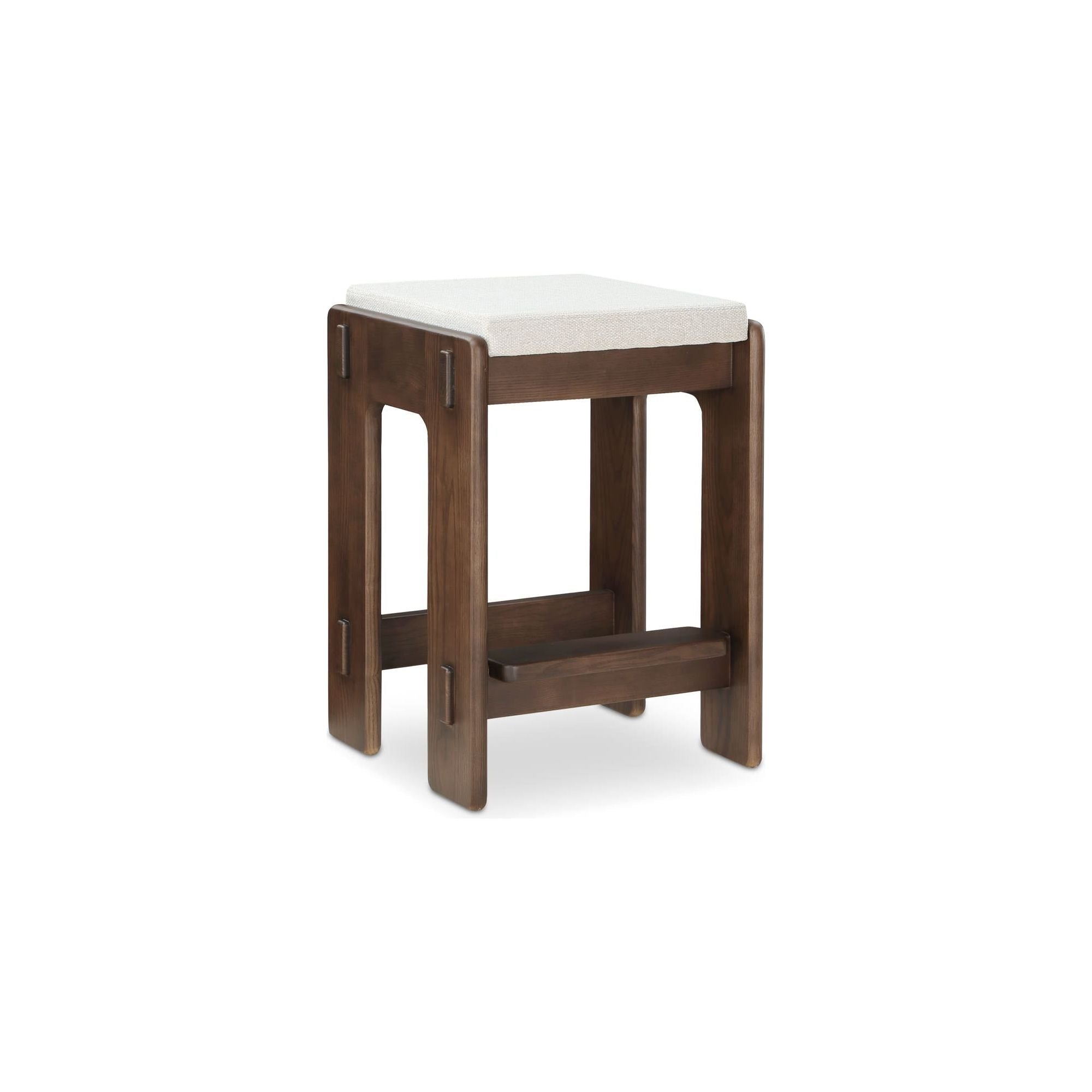 Tabouret de comptoir en frêne teinté noyer japonais et tissu avec détails d'assemblage artisanal pour cuisine et salle à manger