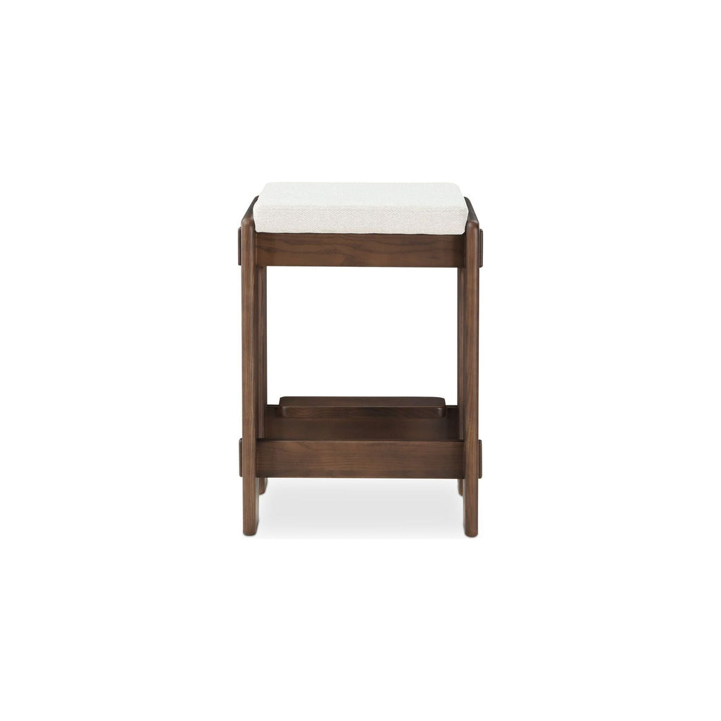 Tabouret de comptoir en frêne teinté noyer japonais et tissu avec détails d'assemblage artisanal pour cuisine et salle à manger