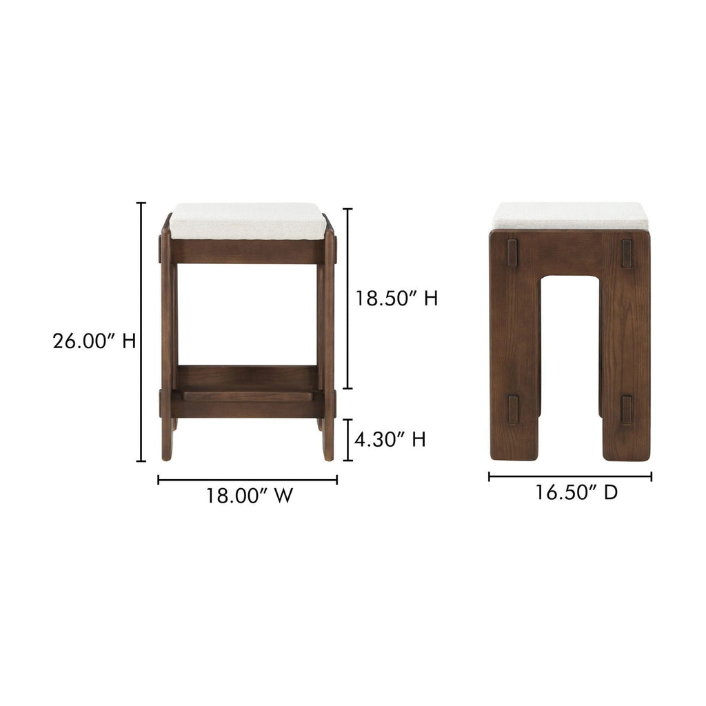 Tabouret de comptoir en frêne teinté noyer japonais et tissu avec détails d'assemblage artisanal pour cuisine et salle à manger