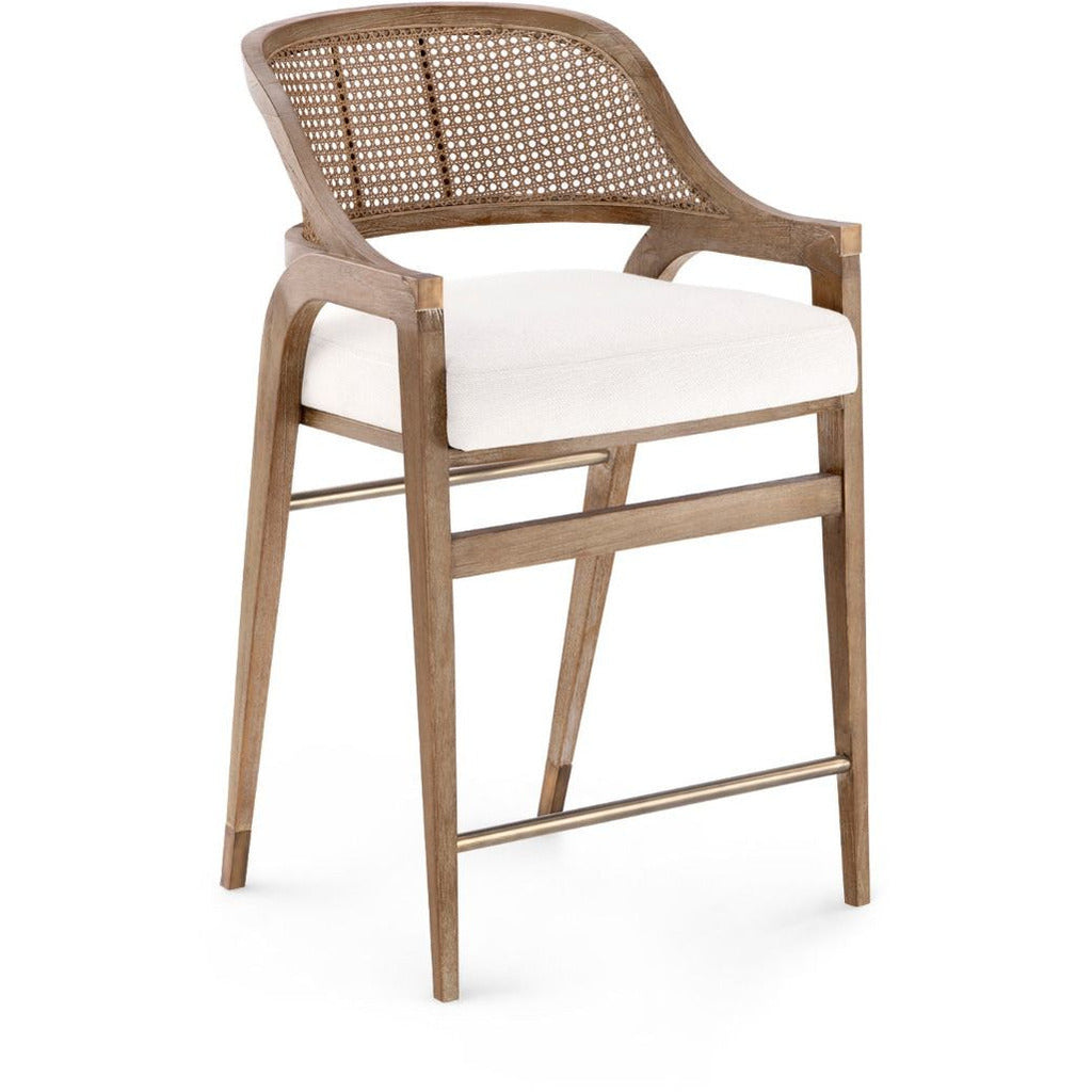 Tabouret de comptoir classique en acajou et rotin avec sabots en bronze et coussin en lin pour cuisine et salle à manger