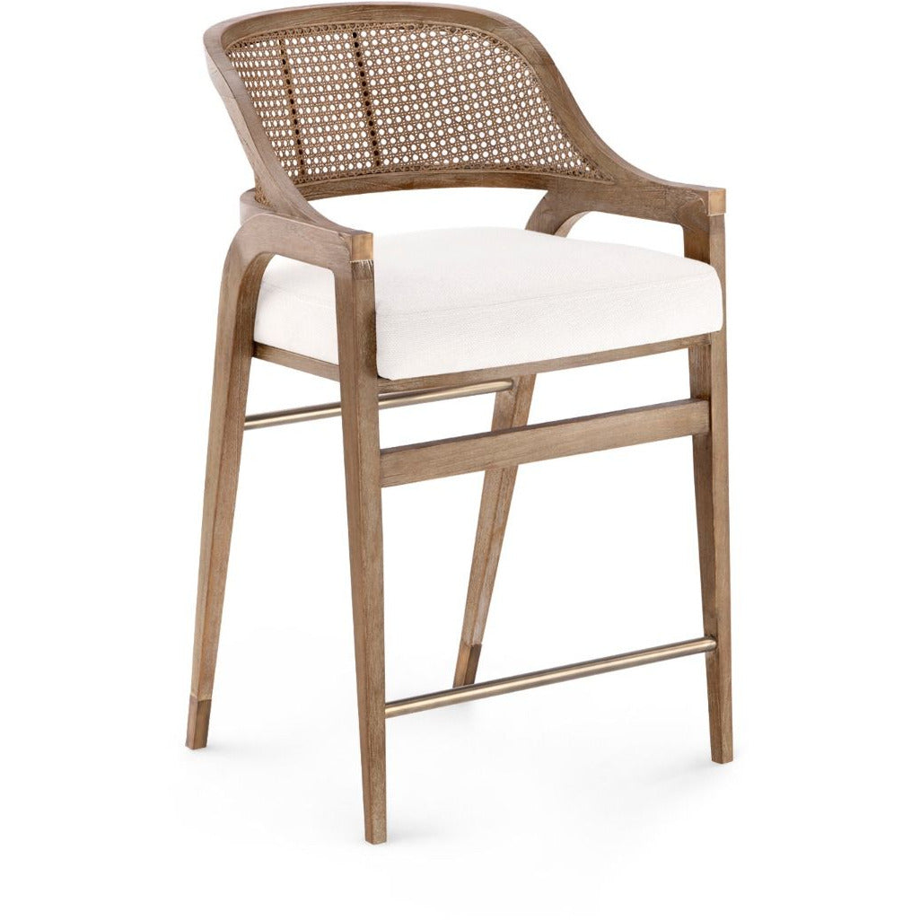 Tabouret de comptoir classique en acajou et rotin avec sabots en bronze et coussin en lin pour cuisine et salle à manger
