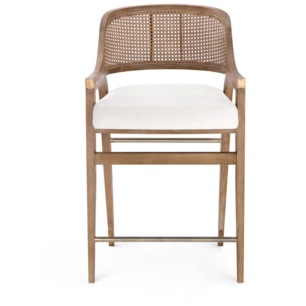 Tabouret de comptoir classique en acajou et rotin avec sabots en bronze et coussin en lin pour cuisine et salle à manger