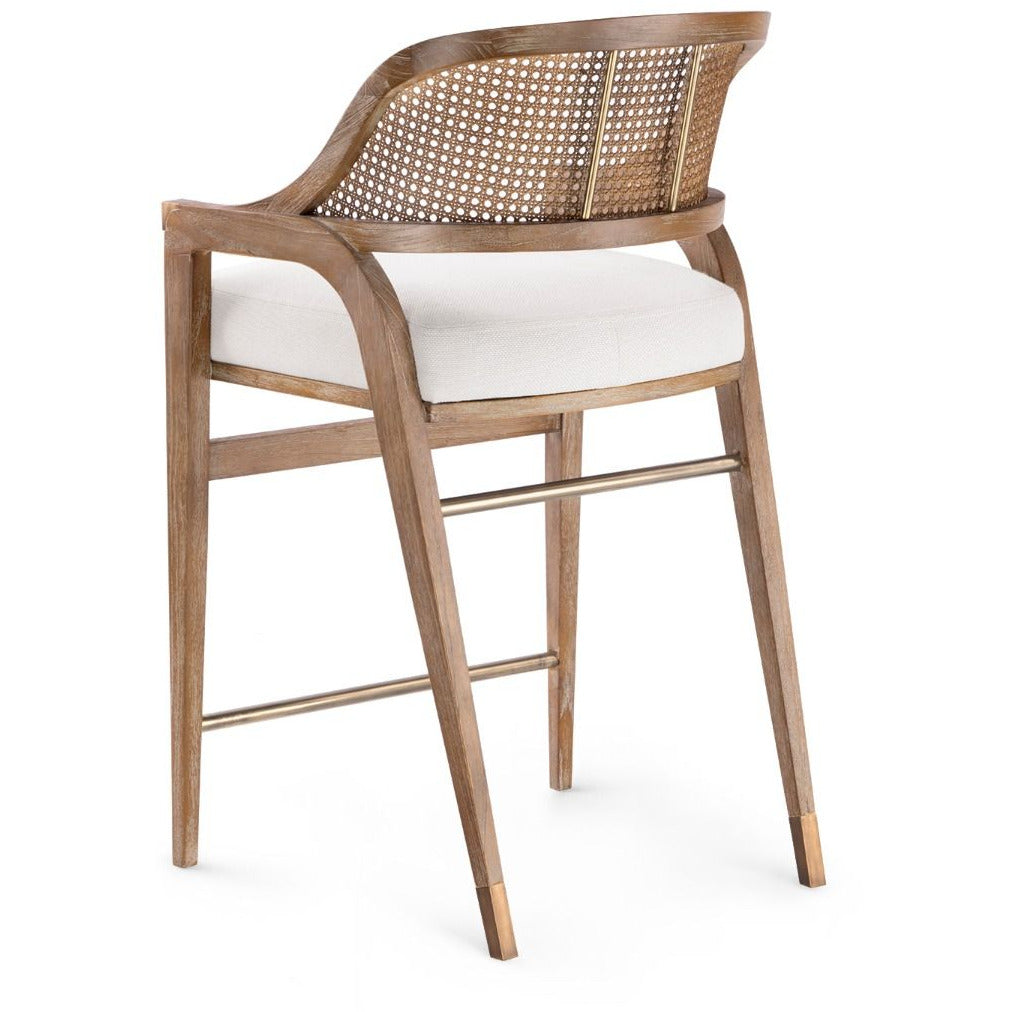 Tabouret de comptoir classique en acajou et rotin avec sabots en bronze et coussin en lin pour cuisine et salle à manger