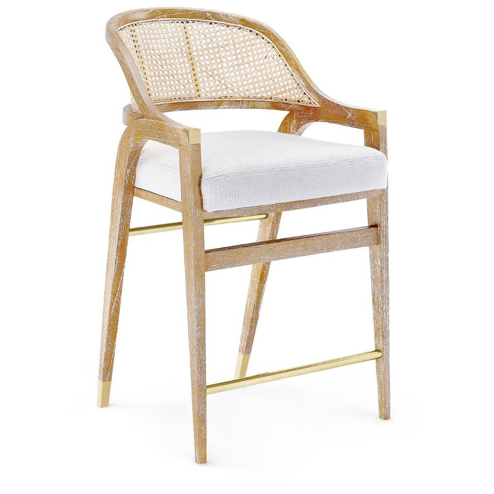 Tabouret de comptoir classique en acajou et rotin avec sabots en bronze et coussin en lin pour cuisine et salle à manger