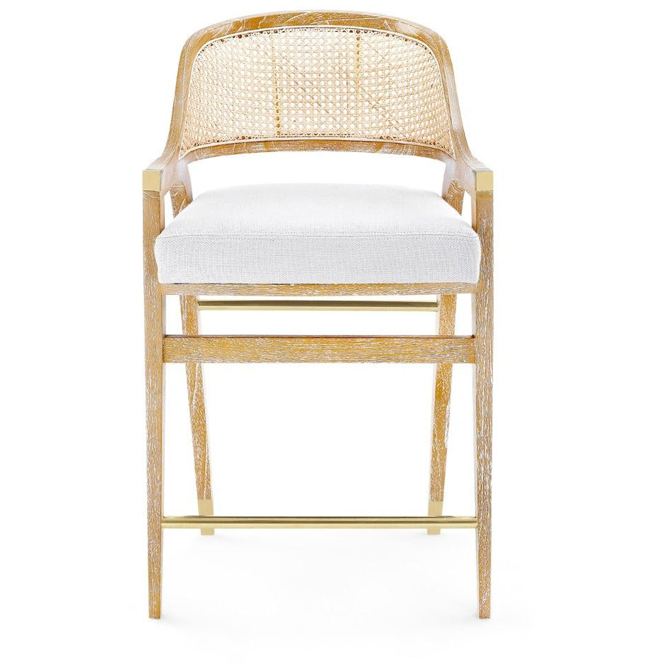 Tabouret de comptoir classique en acajou et rotin avec sabots en bronze et coussin en lin pour cuisine et salle à manger