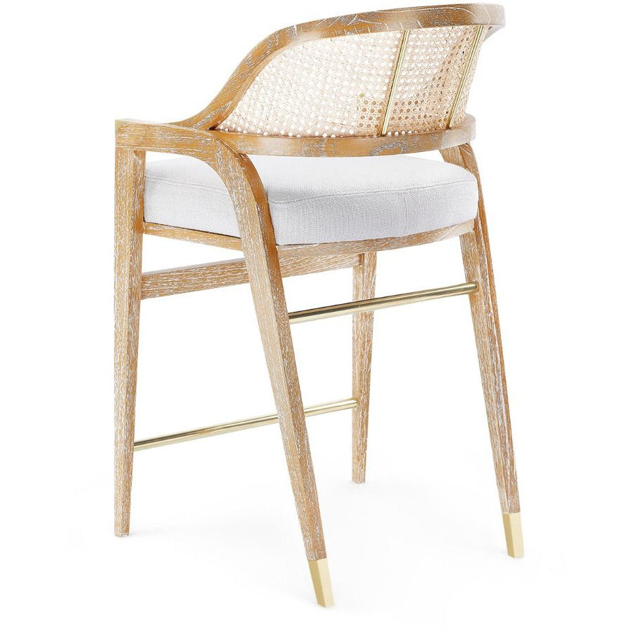 Tabouret de comptoir classique en acajou et rotin avec sabots en bronze et coussin en lin pour cuisine et salle à manger