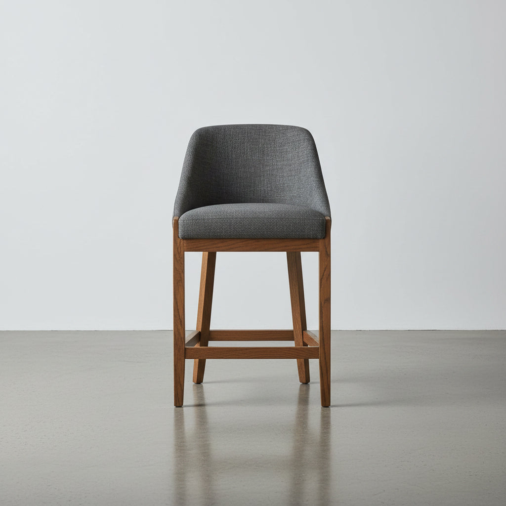 Tabouret de comptoir traditionnel en chêne massif et tissu haute performance avec dossier rembourré incurvé pour cuisine et salle à manger