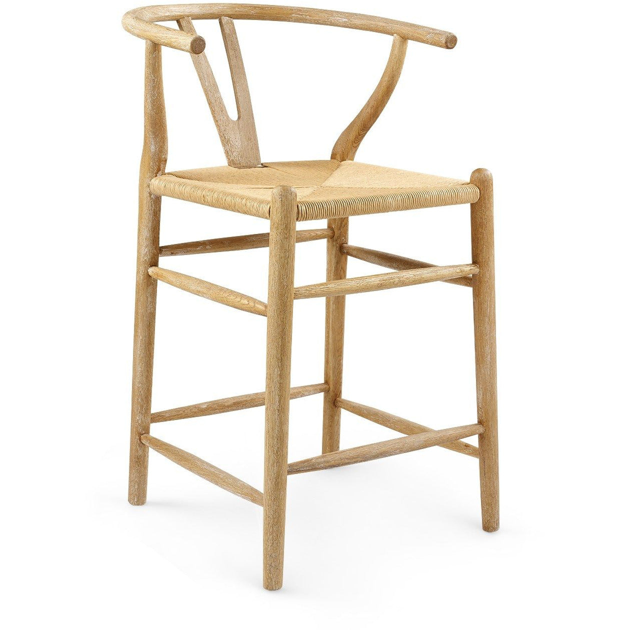 Tabouret de comptoir scandinave en chêne blanchi et corde avec dossier incurvé pour cuisine et salle à manger