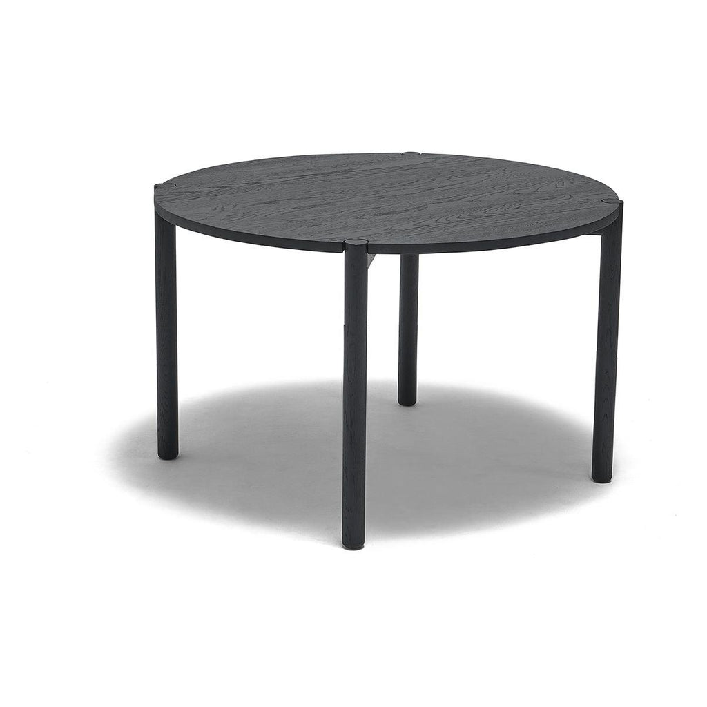 Table à manger ronde en chêne massif biologique avec plateau incurvé et pieds arrondis pour salle à manger