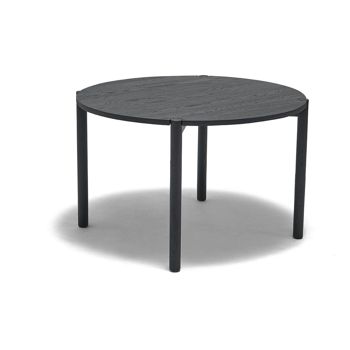 Table à manger ronde en chêne massif biologique avec plateau incurvé et pieds arrondis pour salle à manger