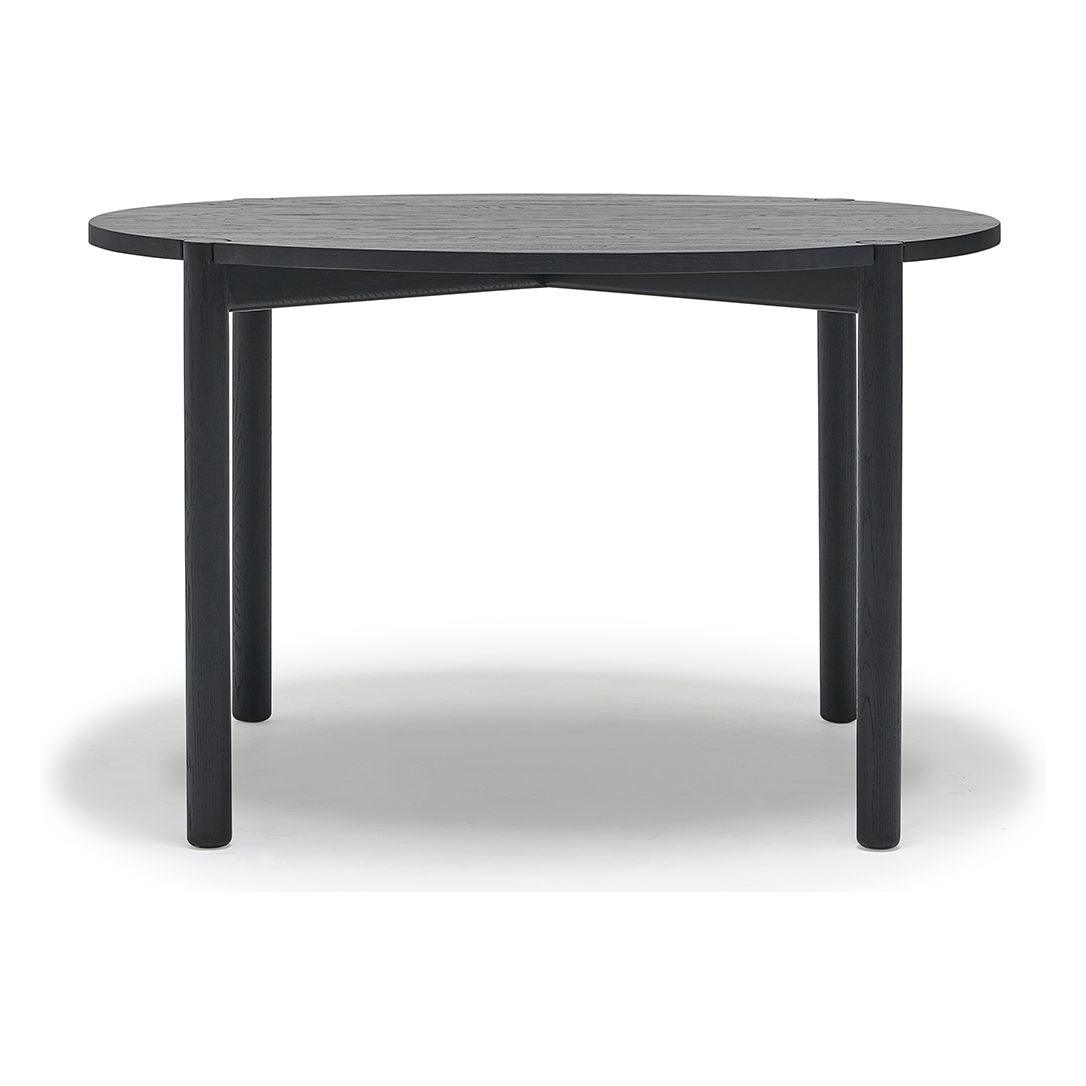 Table à manger ronde en chêne massif biologique avec plateau incurvé et pieds arrondis pour salle à manger