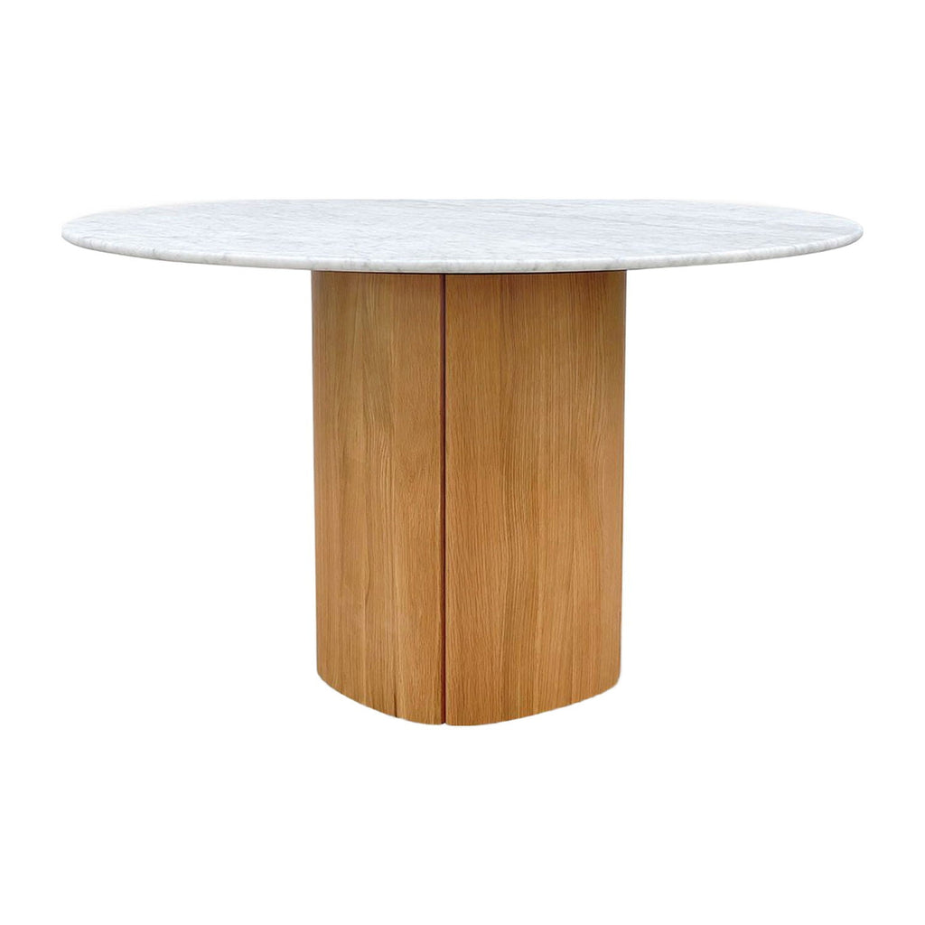Table à manger ronde de luxe en marbre et chêne avec piédestal sculptural pour salle à manger