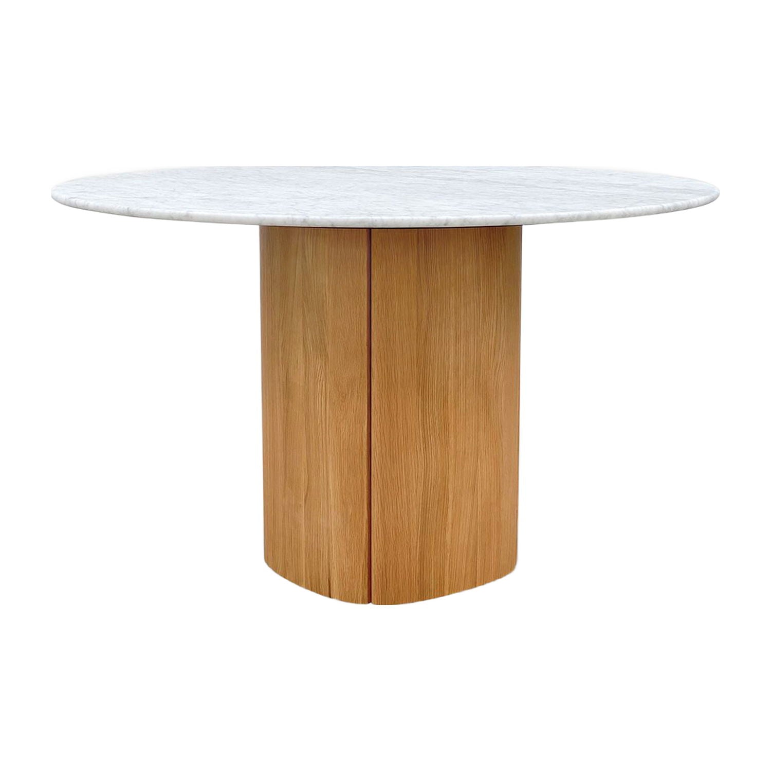 Table à manger ronde de luxe en marbre et chêne avec piédestal sculptural pour salle à manger