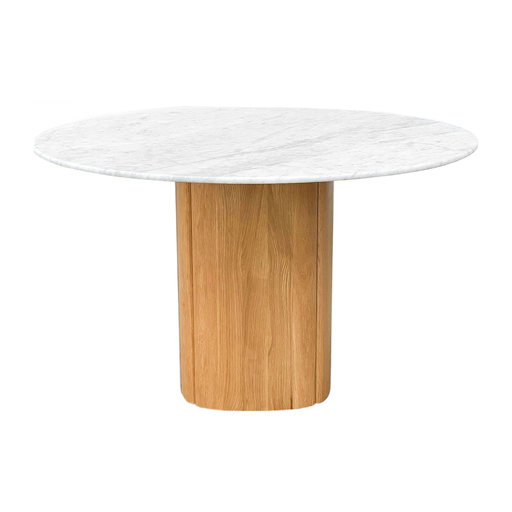 Table à manger ronde de luxe en marbre et chêne avec piédestal sculptural pour salle à manger