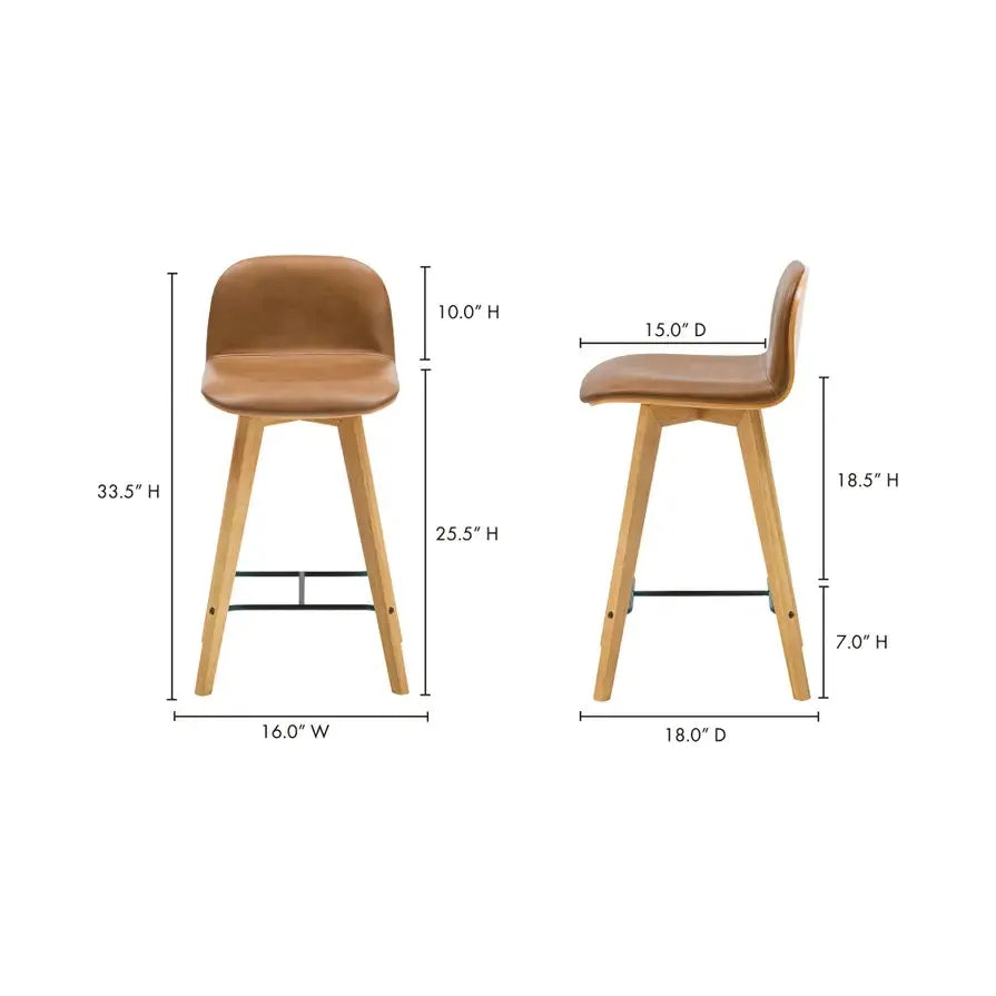 Tabouret de comptoir contemporain en cuir et chêne massif avec dossier bas en L pour cuisine et salle à manger